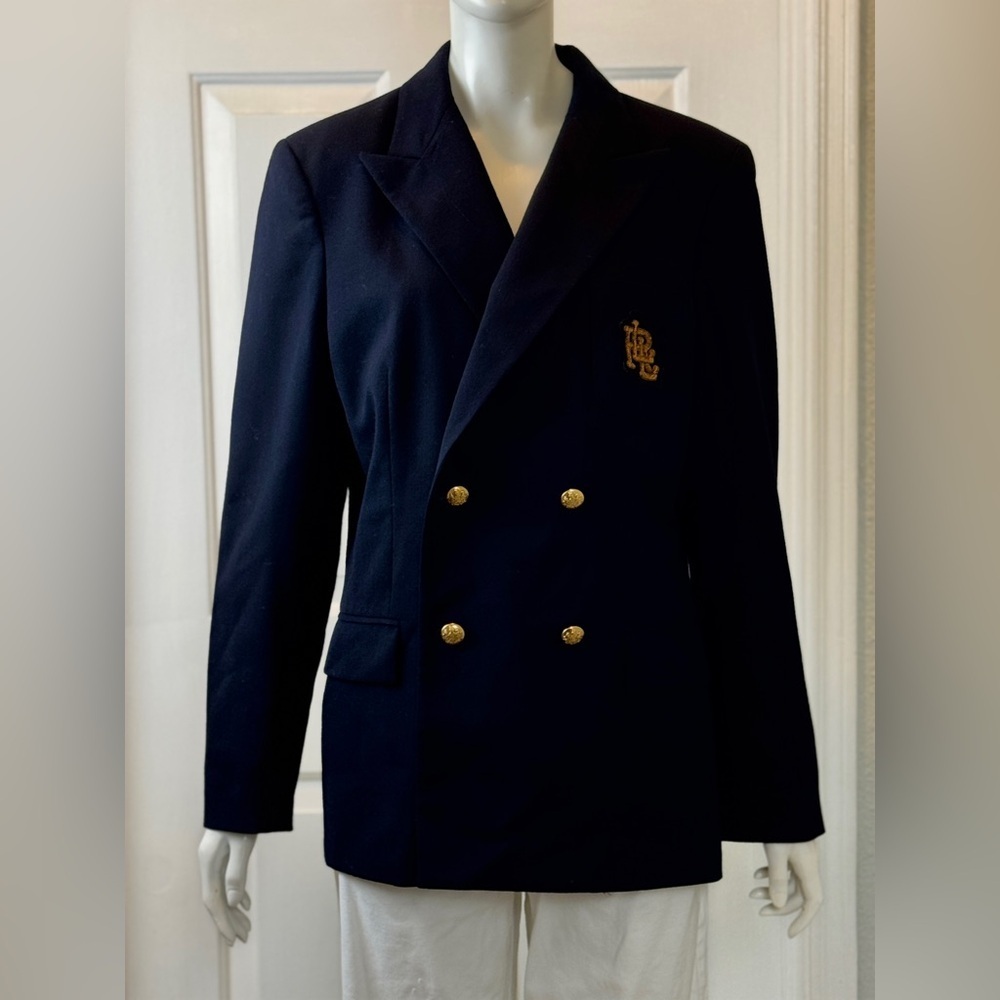LAUREN Ralph LAUREN 100% Wool Navy Double-Breasted Blazer with Gold Buttons S 14
